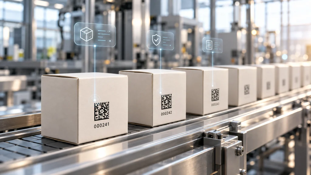 Boxes with barcodes on a production line.
